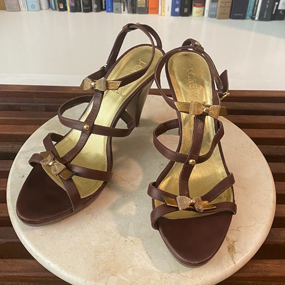 J. Crew T strap leather wooden stacked heel dress shoes with gold bows size 8